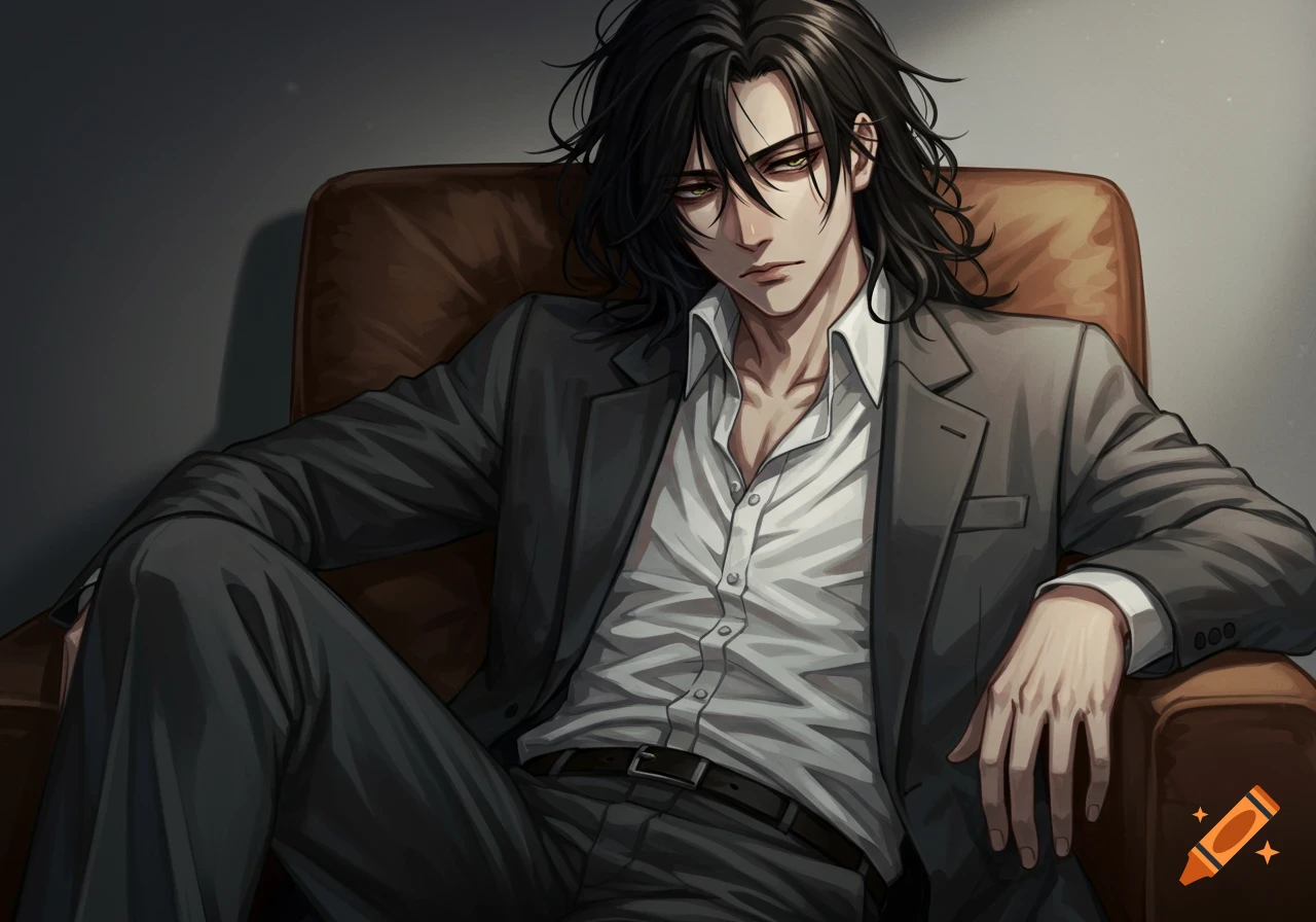 Anime-style portrait of a man with long black hair, wearing a white shirt and gray suit, sitting in a chair with a bored expression.