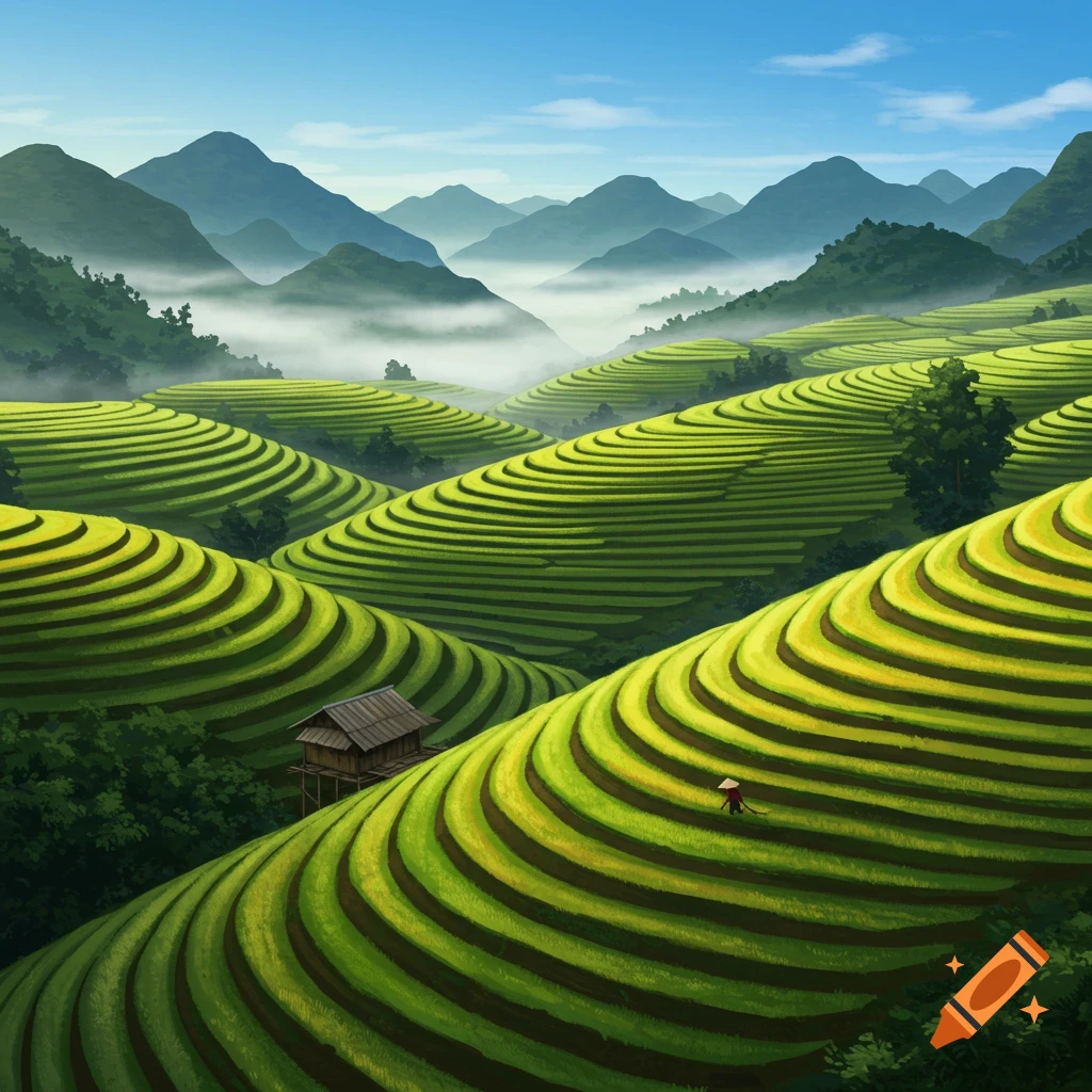 Vibrant illustration of lush green terraced rice fields winding through a mountain valley with mist, a small hut, and a person.