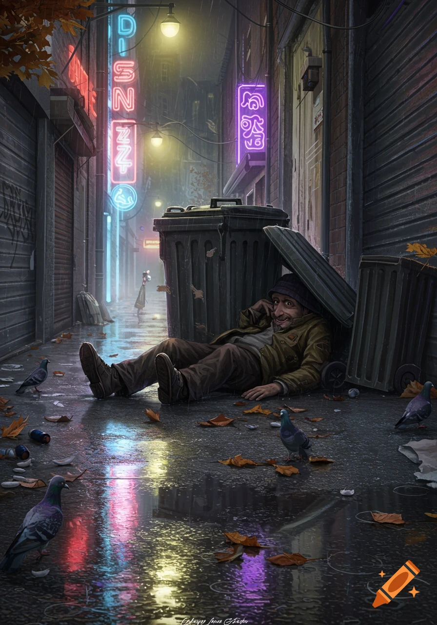 A man lies under a trash can in a dark, rainy alleyway lit by neon signs. Pigeons are on the wet ground in an illustrated style.