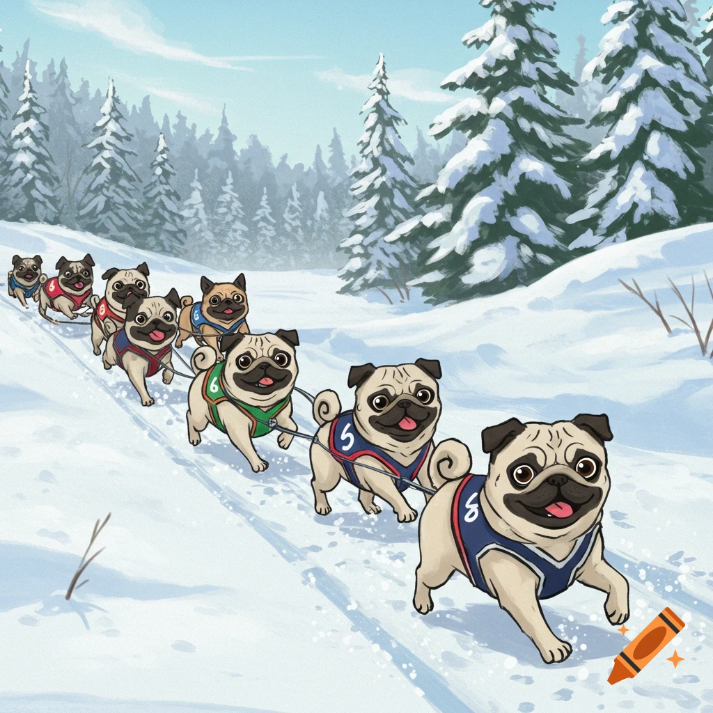 A team of cartoon pugs in racing vests with numbers pulls a sled through a snowy forest.
