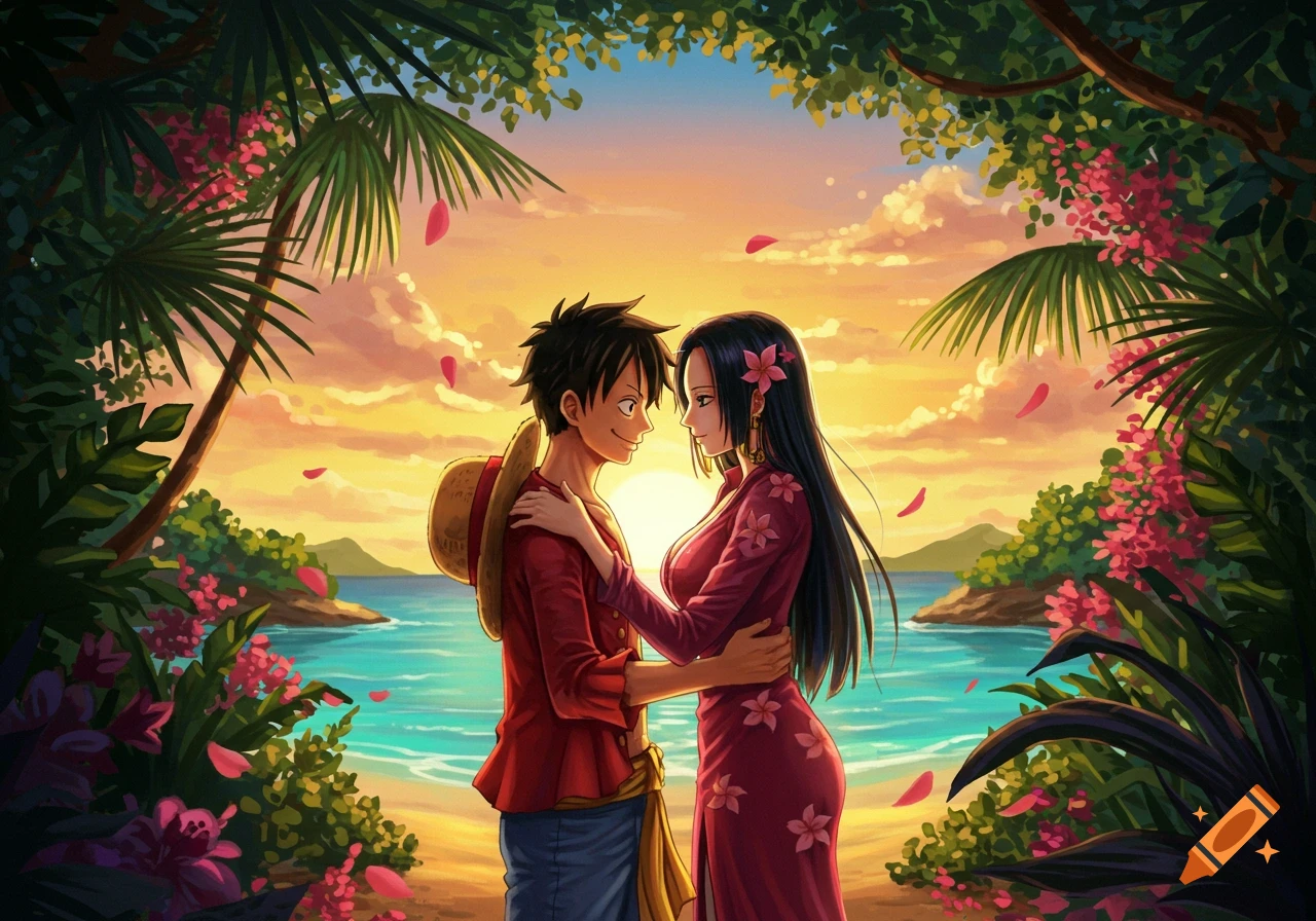 Anime characters Luffy and Hancock embrace on a tropical beach at sunset, surrounded by palm trees and pink flowers.