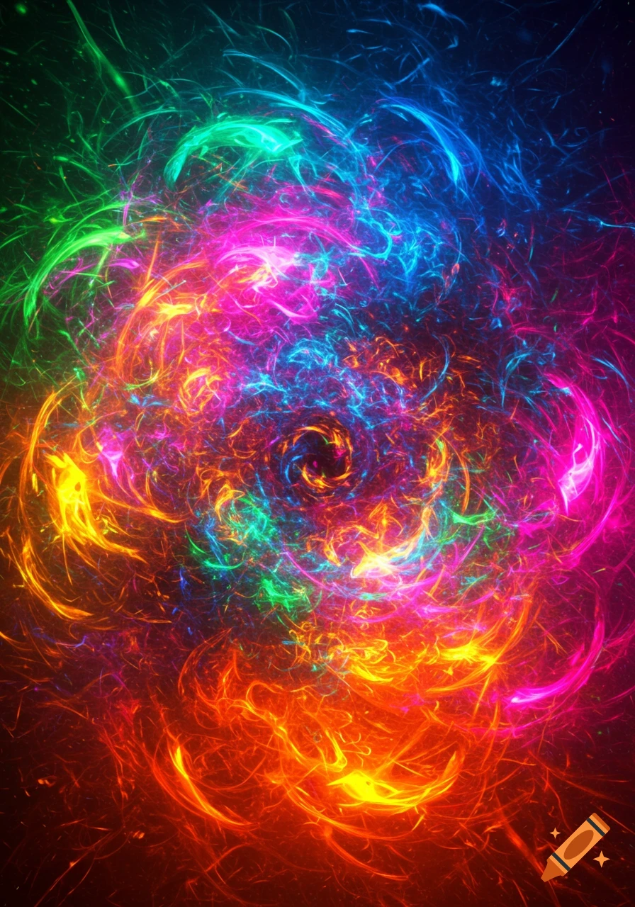 Vibrant abstract fractal with swirling colorful light trails in shades of green, blue, pink, orange, and red.