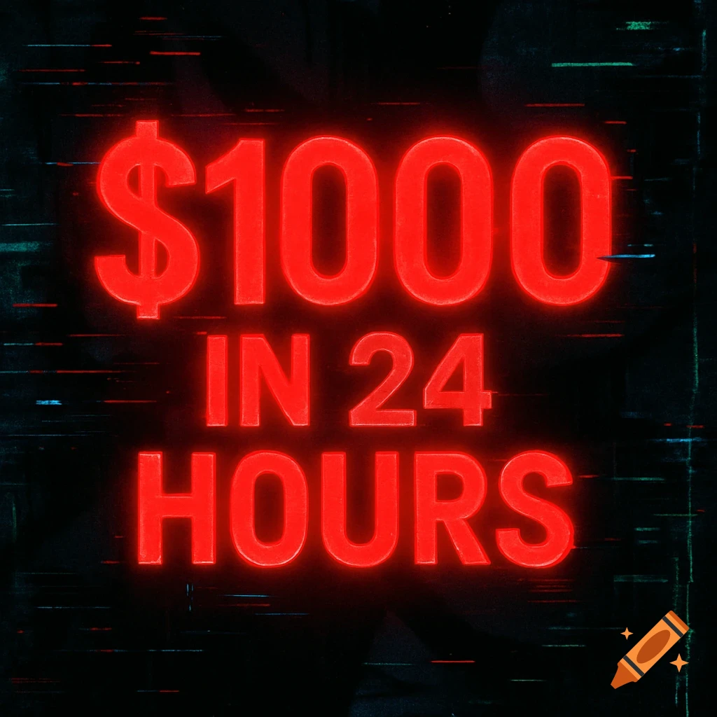 Red glowing text '$1000 in 24 HOURS' with glitch effects on a dark, edgy digital background.