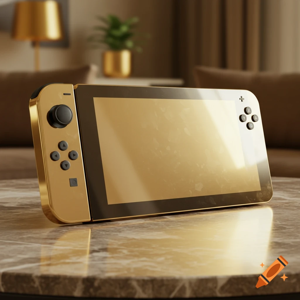 A shiny gold Nintendo Switch console rests on a marble table, rendered in a photorealistic style.