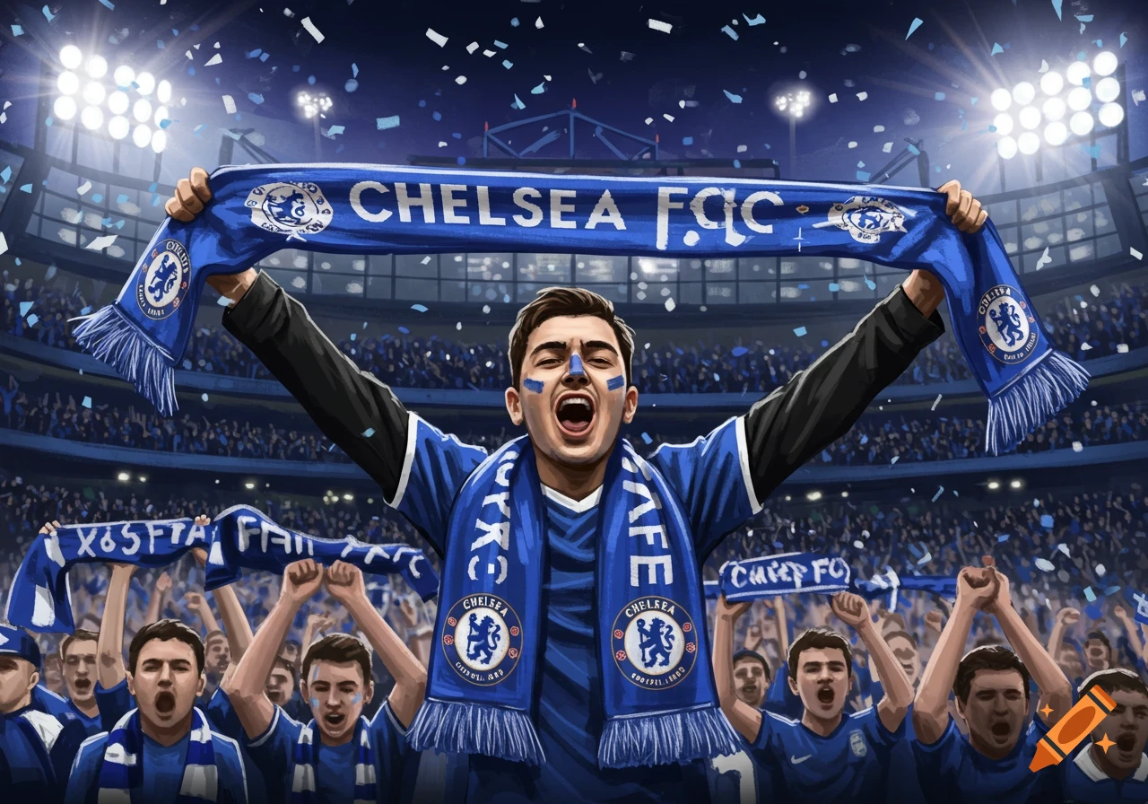 An excited male Chelsea FC fan in a blue jersey cheers loudly in a stadium, holding up a blue scarf with team colors.