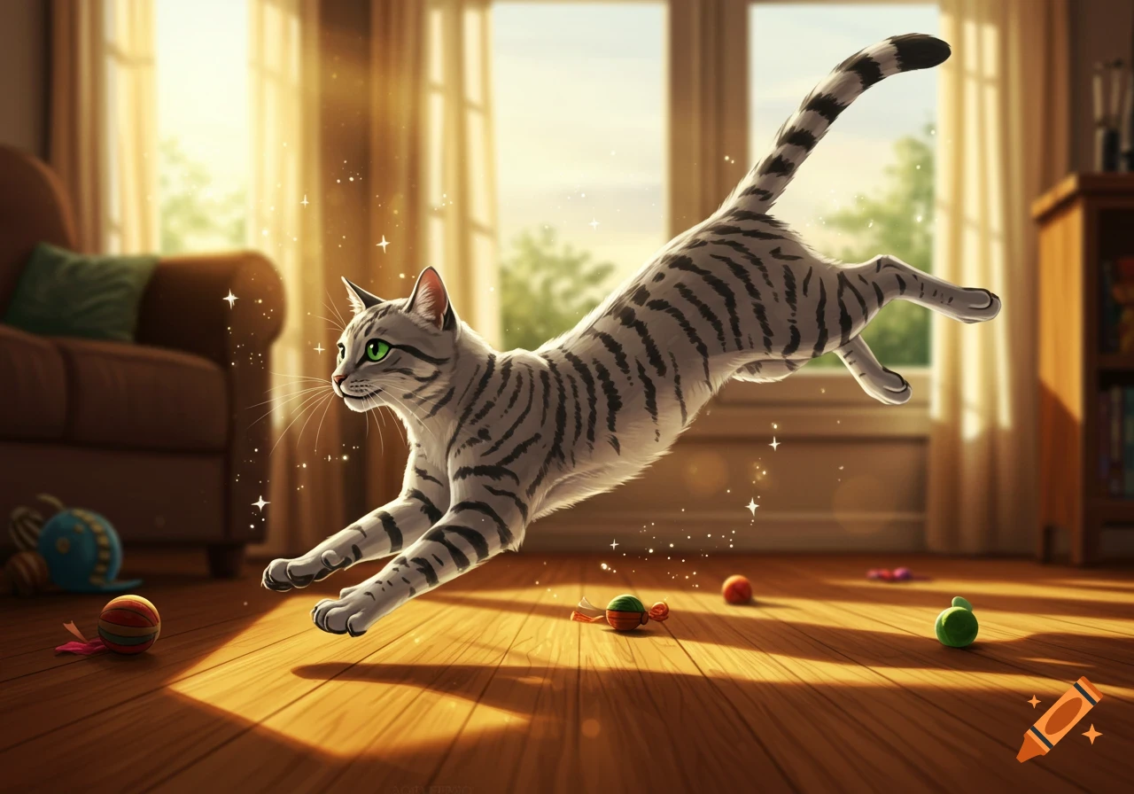 A light gray tabby cat with black stripes leaps over toys on a sunny wooden floor indoors, rendered in a stylized illustration.