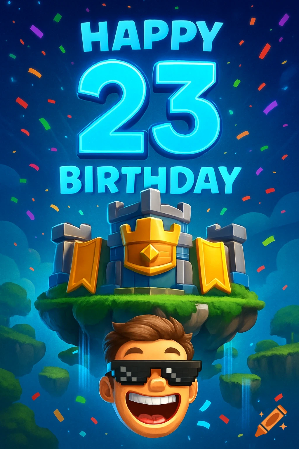 A vibrant cartoon birthday card with 'HAPPY 23 BIRTHDAY' text, featuring a floating fantasy castle and a smiling character with pixel sunglasses.