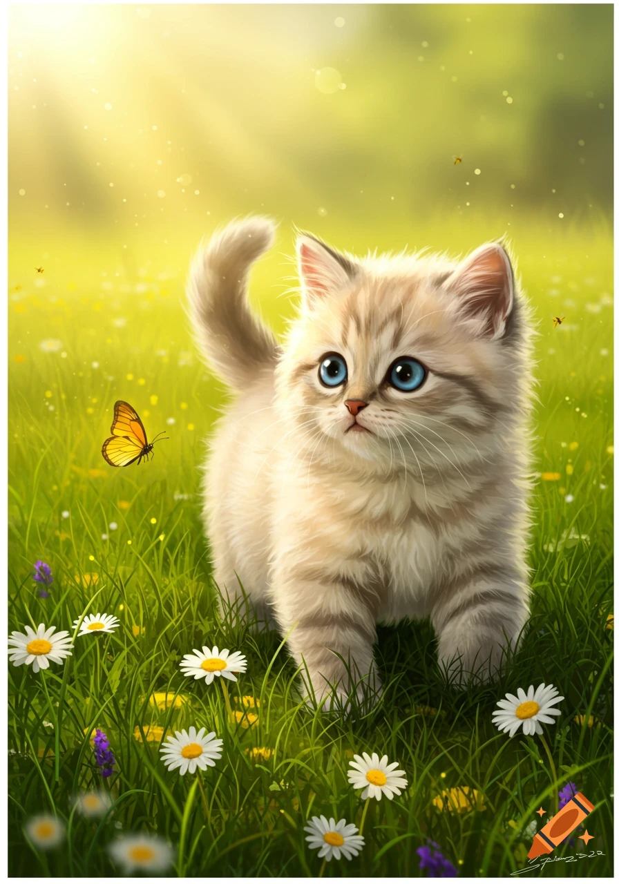 A cute fluffy light brown kitten with bright blue eyes stands in a vibrant green field among white daisies, with a yellow butterfly. Stylized.