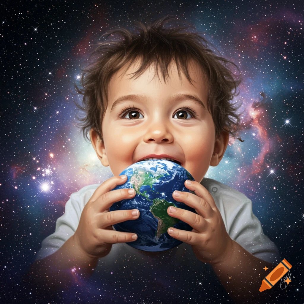 A cute baby playfully bites a small Earth globe, smiling against a vibrant starry galaxy background.