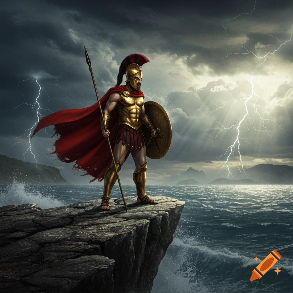 A golden-armored Spartan warrior stands on a cliff overlooking a stormy sea, holding a spear and shield as lightning strikes the dark clouds.