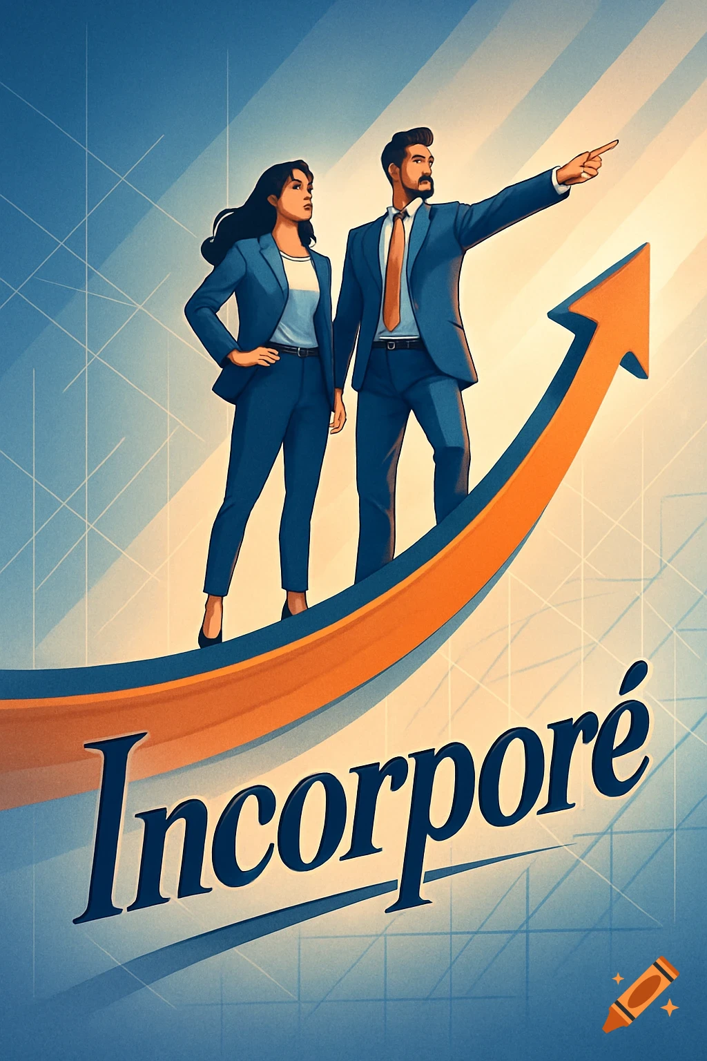 Two business people stand on a large upward-curving orange arrow with the text 'Incorpore G', illustrating business growth.