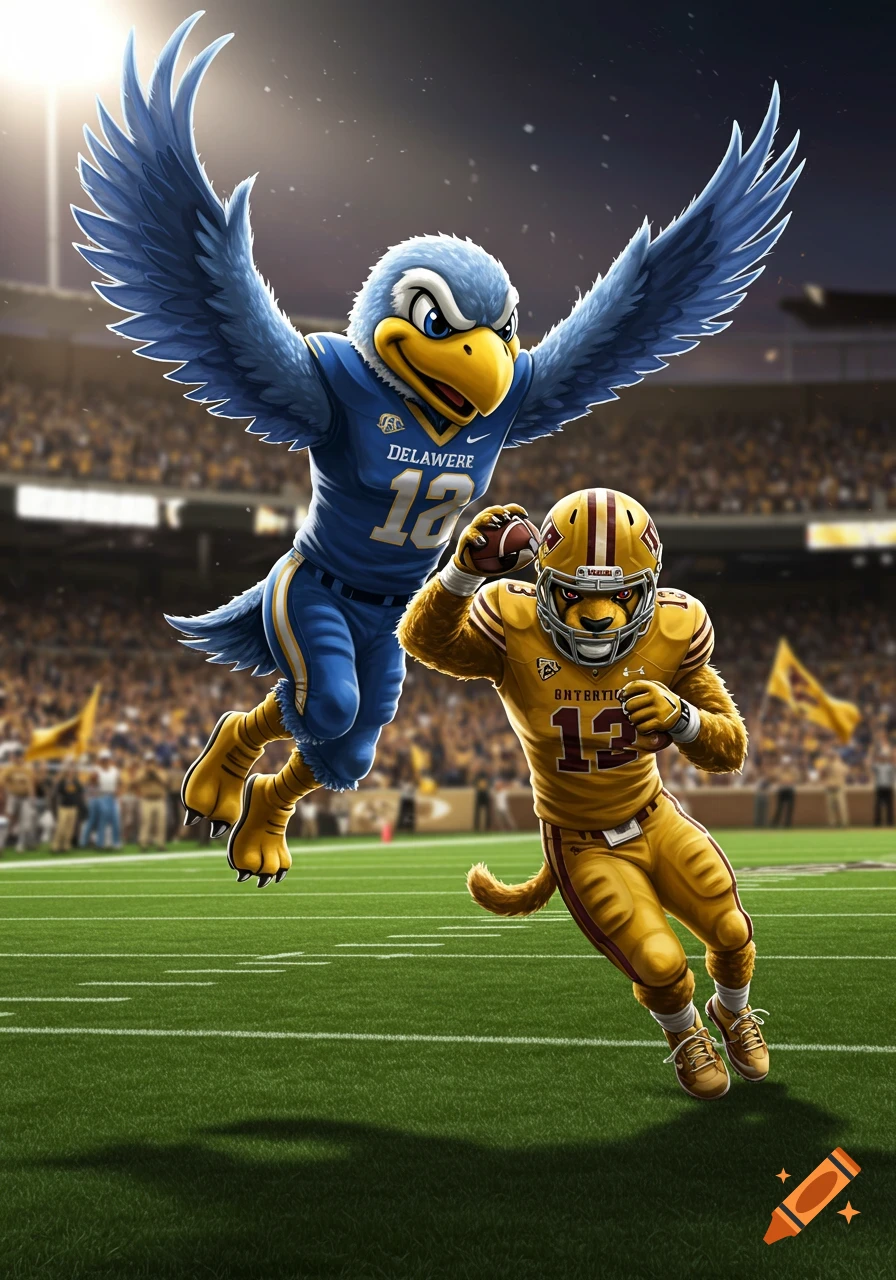 A blue bird mascot in a Delaware football uniform flies behind a golden panther mascot in a yellow uniform on a football field.
