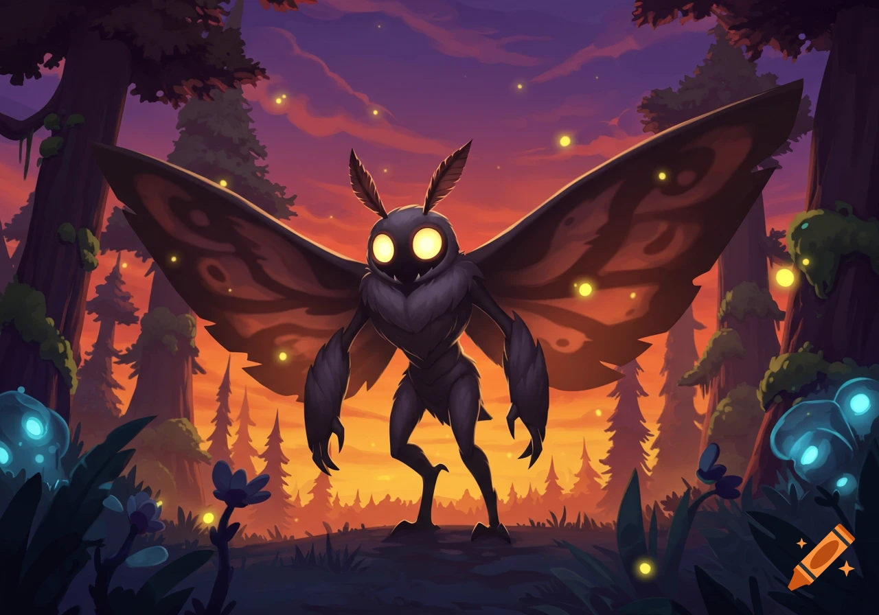 A stylized, dark Mothman with glowing yellow eyes and large wings stands in a magical forest at sunset, with glowing fireflies and mushrooms.