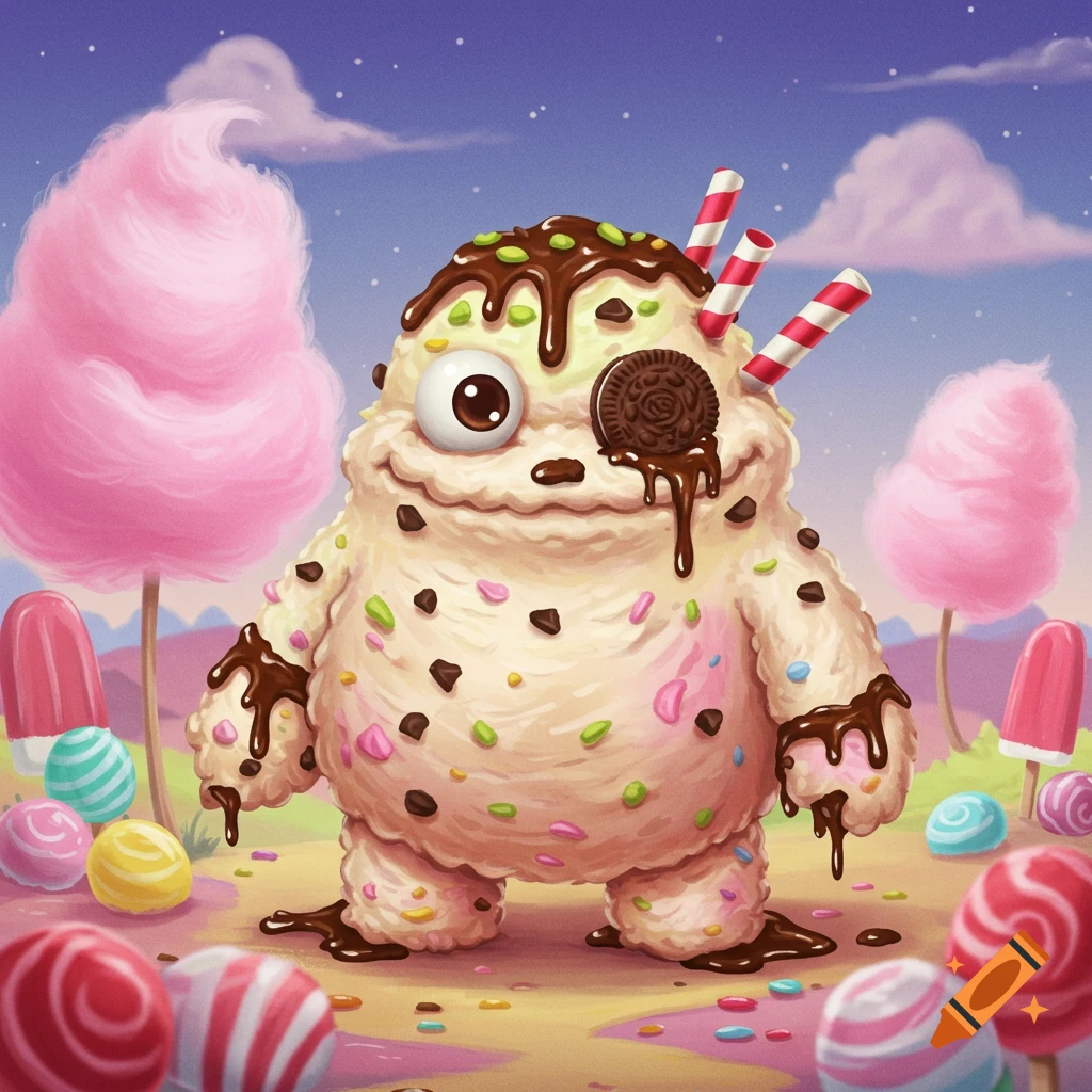 A whimsical cartoon ice cream monster with one eye, an Oreo cookie, chocolate, and sprinkles stands in a vibrant candy-land with cotton candy trees and lollipops.