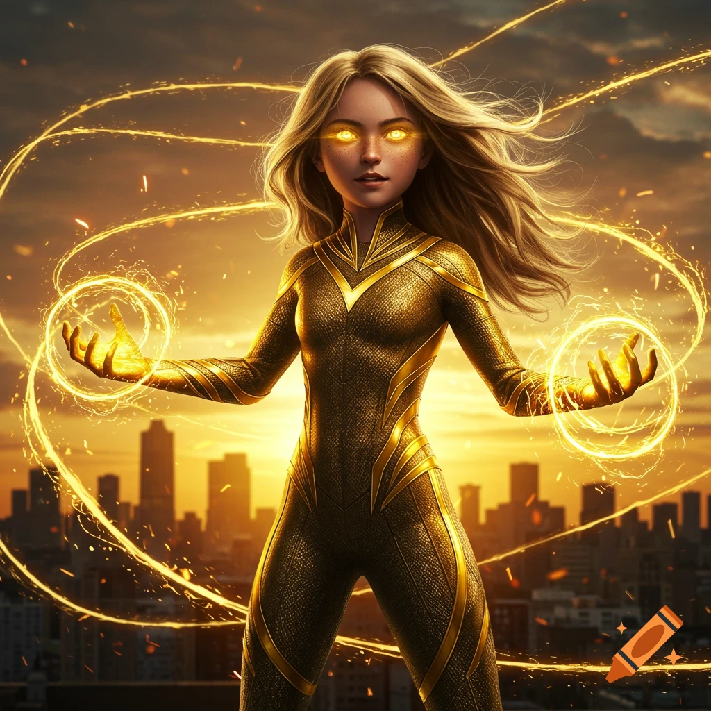 Superhero girl in a gold suit with glowing golden energy in her hands, overlooking a city at sunset. Digital art.