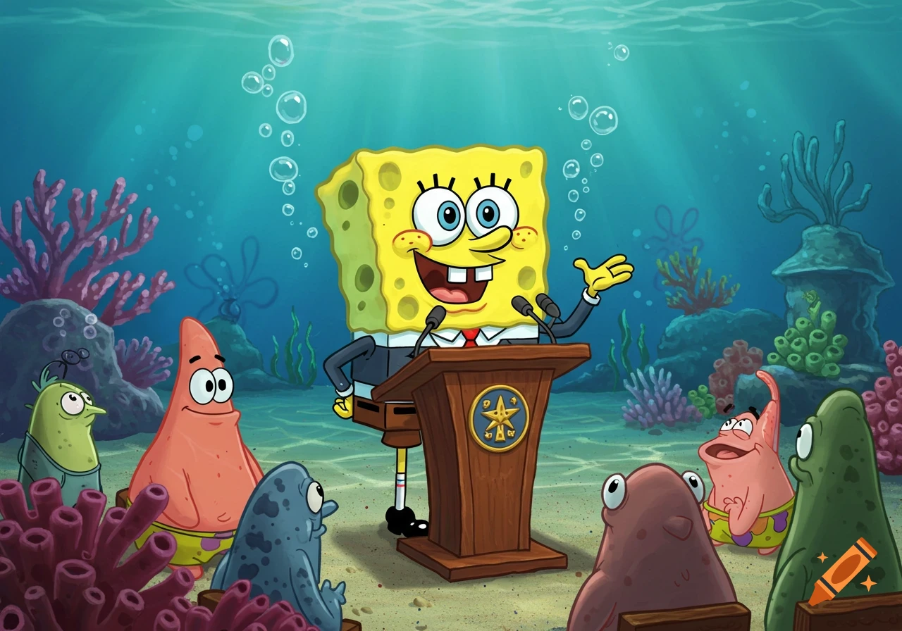 SpongeBob SquarePants in a suit speaks at an underwater podium to cartoon sea creatures including Patrick Star.