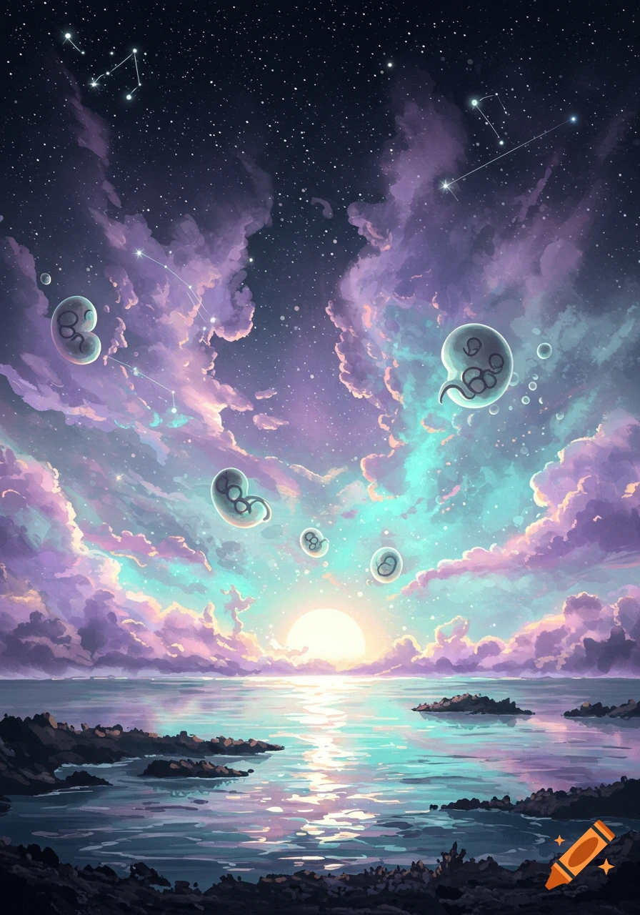 Whimsical starry night sky with purple-teal clouds over ocean, setting sun, and floating translucent embryo-like bubbles.