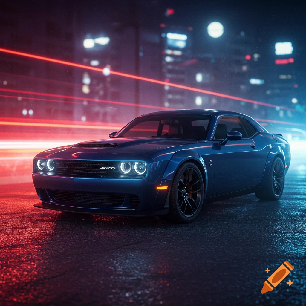 A blue Dodge Challenger SRT Hellcat parked on a wet city street at night, illuminated by neon lights and car trails.