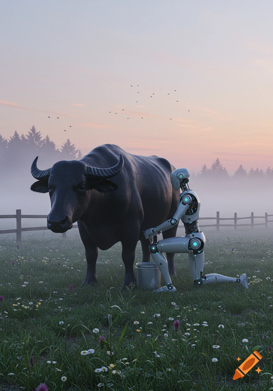 A humanoid robot milks a large black buffalo in a misty, grassy field at dawn with trees in the background.