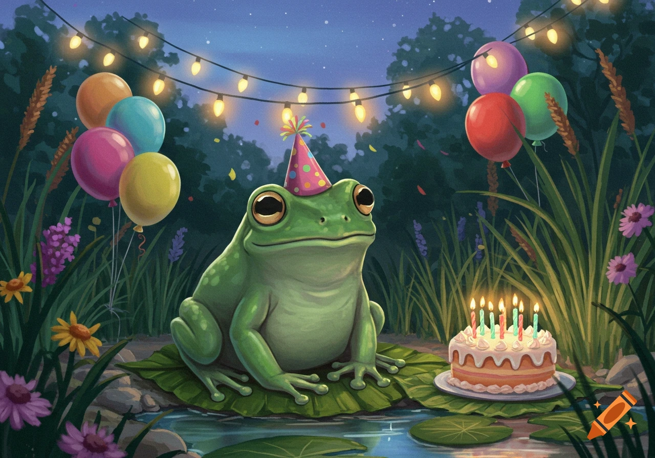 A cute green frog wearing a party hat sits next to a birthday cake with candles, surrounded by balloons and string lights in a night garden illustration.