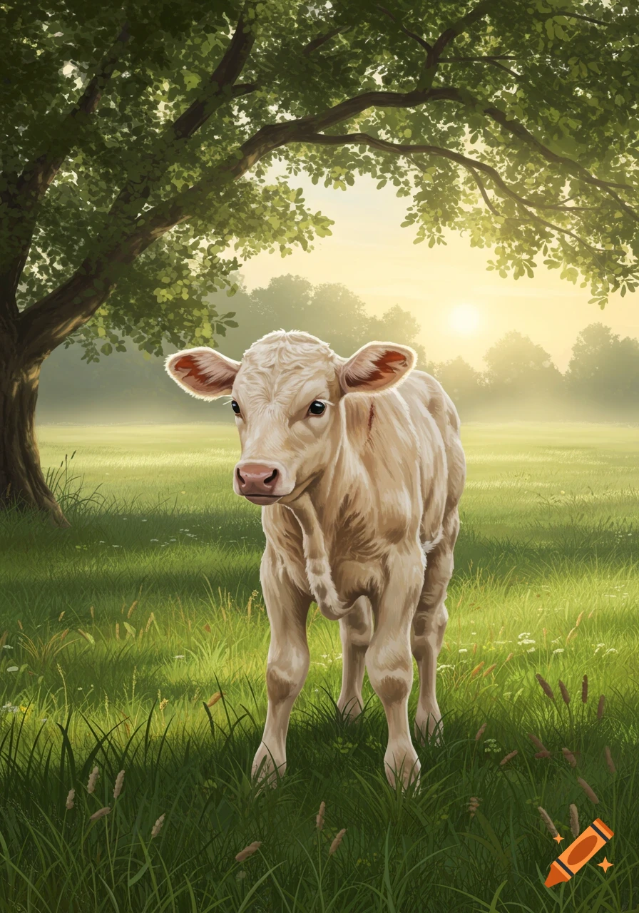 A light-colored calf stands in a lush green field under a large tree, with a misty sunrise in the background.