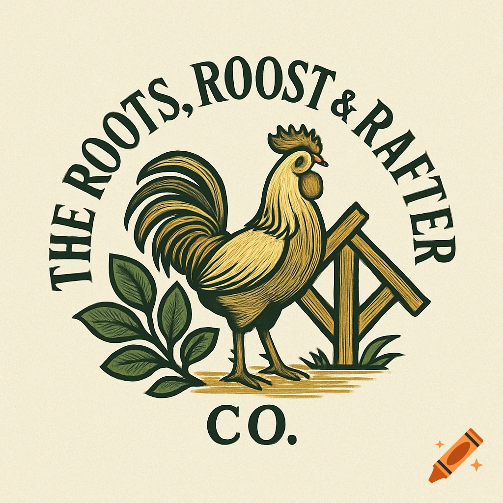 Stylized logo featuring a rooster, green leaves, and a wooden structure, with 'The Roots, Roost & Rafter Co.' text.