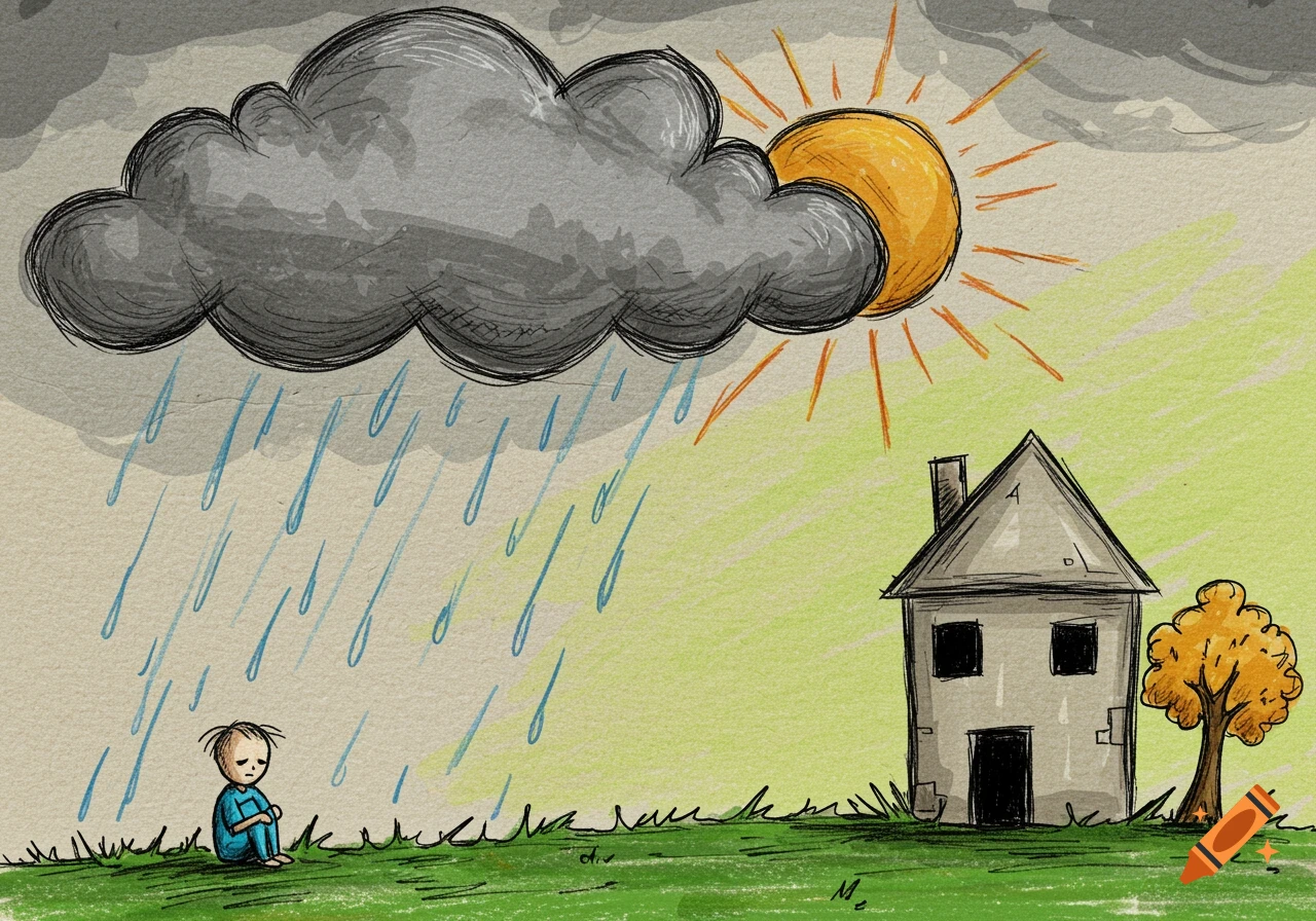 Childish crayon drawing of a lonely child sitting under a rain cloud, with a sun and house in the background.