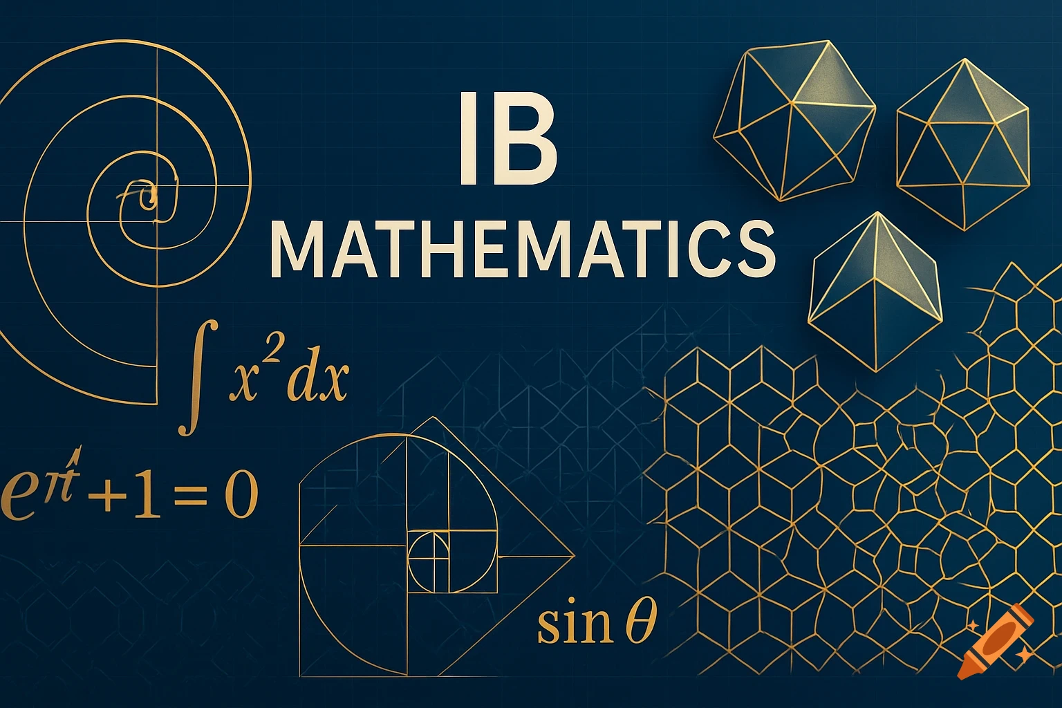 A modern educational banner for IB Mathematics with golden geometric shapes, spirals, platonic solids, tessellations, and mathematical equations on a deep blue background.