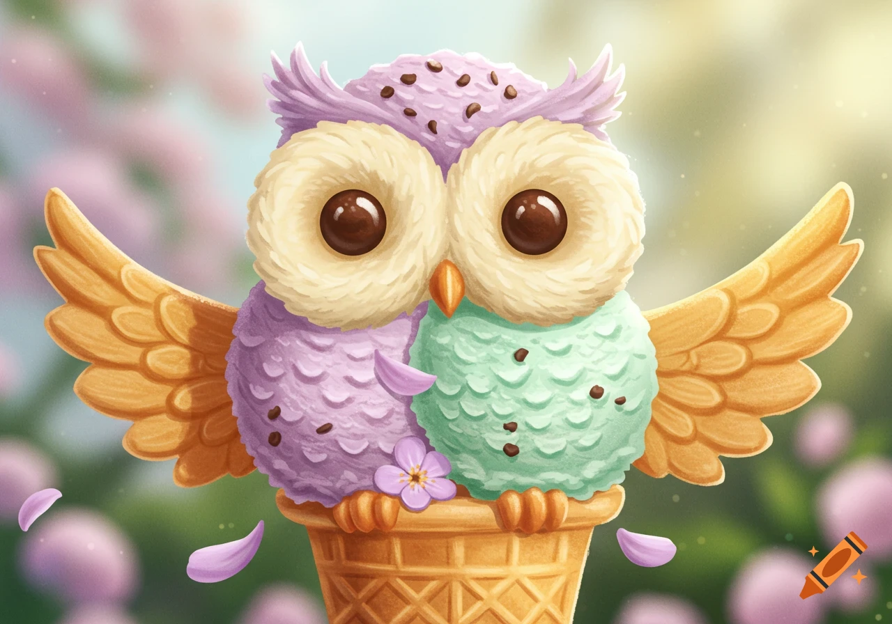 A whimsical digital painting of an owl made of scoops of lavender and mint chocolate chip ice cream, perched in a waffle cone.