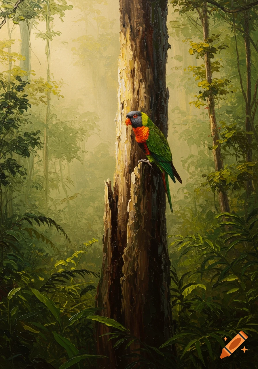An oil painting depicts a colorful parrot perched on a tree trunk in a lush, misty jungle.
