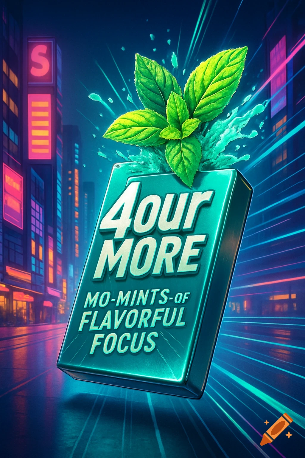 An advertisement for '4our More' gum, featuring a large teal gum pack with mint leaves and a splash of water, set against a vibrant neon cityscape background.