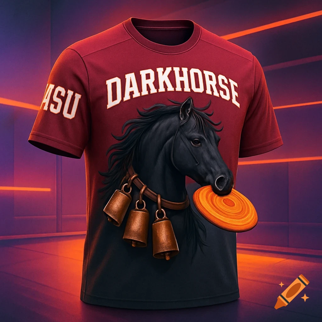 A maroon and dark gray t-shirt featuring a black horse head with cowbells, a frisbee in its mouth, and 'DARKHORSE' text.