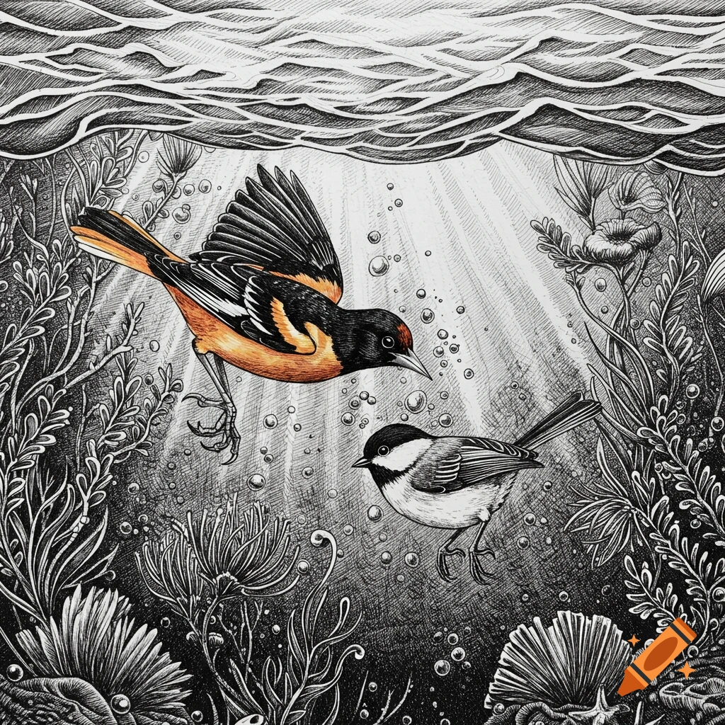 Pen and ink drawing of an orange oriole and a black-capped chickadee swimming underwater with bubbles and plants.