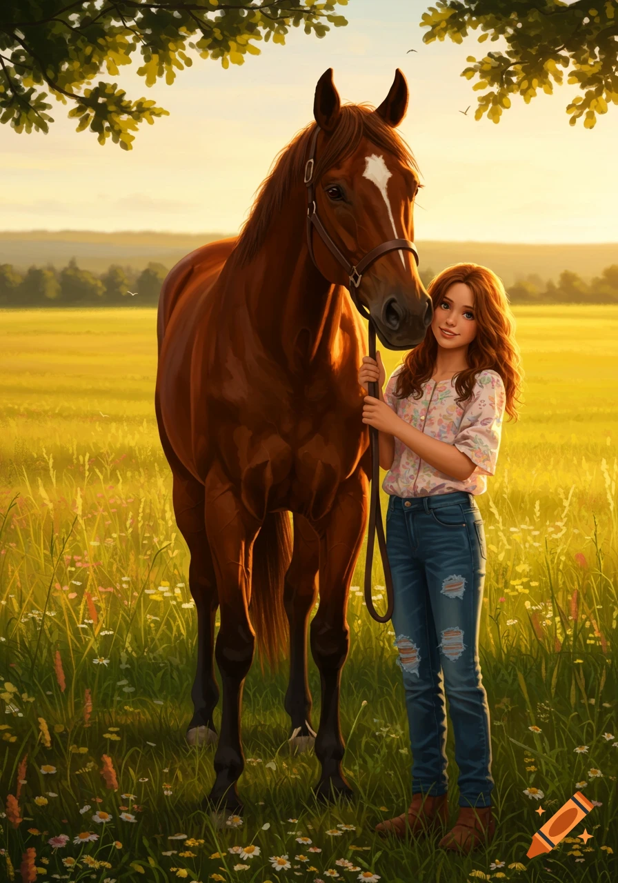 A digital art illustration of a girl holding the bridle of a chestnut horse in a sunny meadow.