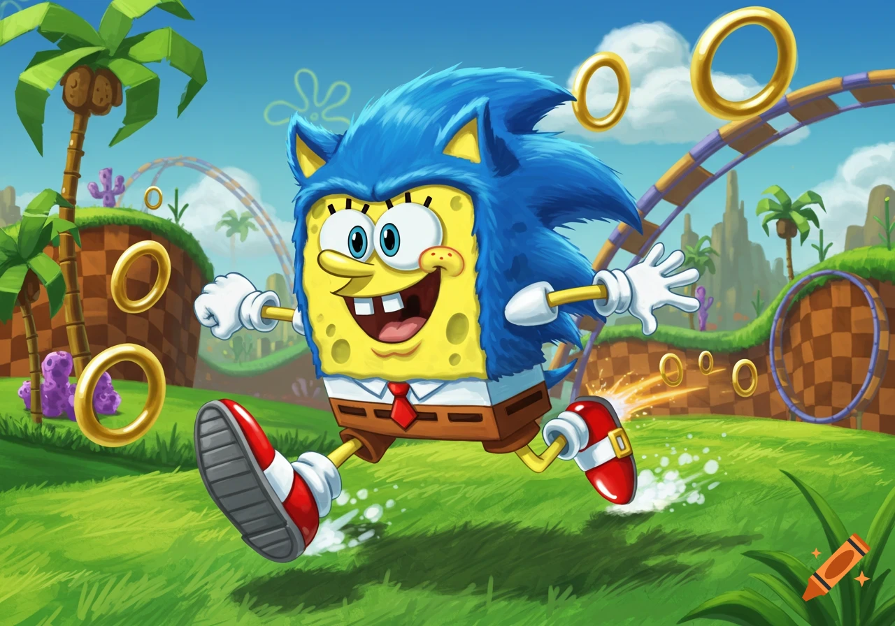 SpongeBob SquarePants with Sonic the Hedgehog's blue quills and red shoes, running through a vibrant cartoon Green Hill Zone landscape.