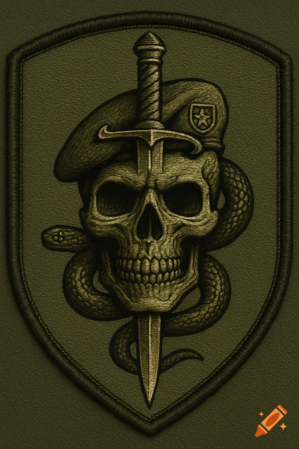 Olive drab military patch with a skull, sword, snake, and beret emblem.
