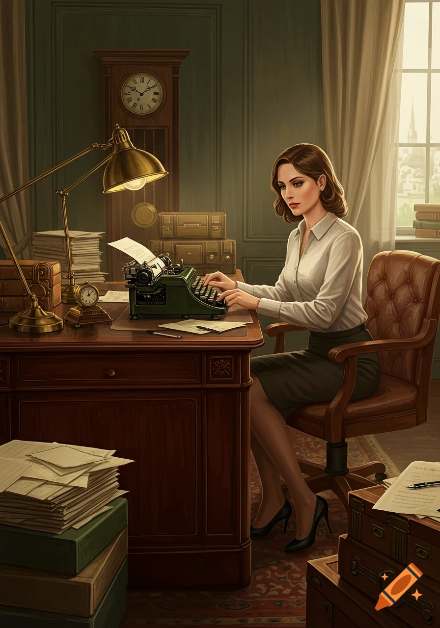 A woman in a white shirt and skirt types on a green vintage typewriter at a wooden desk in an office.