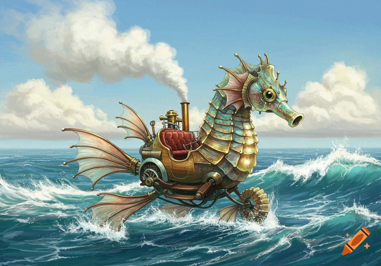 A steampunk seahorse-shaped vehicle, with brass and teal plating and a red cockpit, travels over choppy blue ocean waves, emitting smoke.