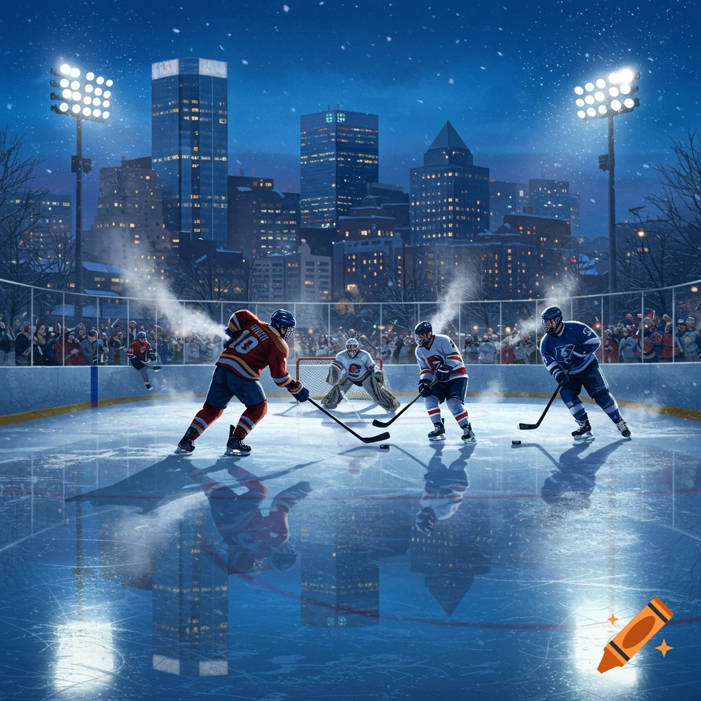 An outdoor ice hockey game at night with players on the rink and a city skyline in the background, light snow falling.