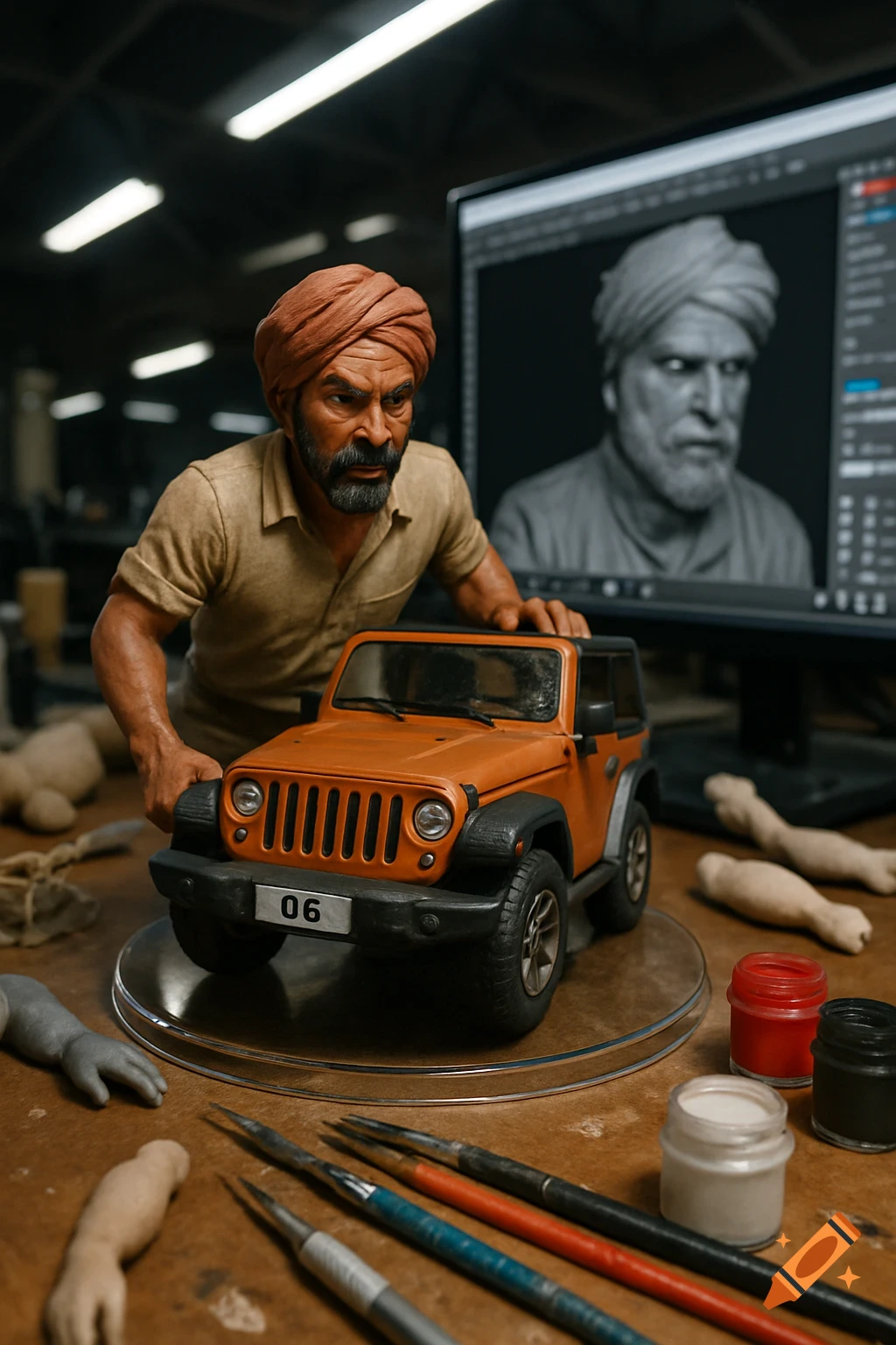 Hyper-realistic figurine of a man with a turban pushing an orange jeep model on a desk with sculpting tools and a 3D modeling screen.