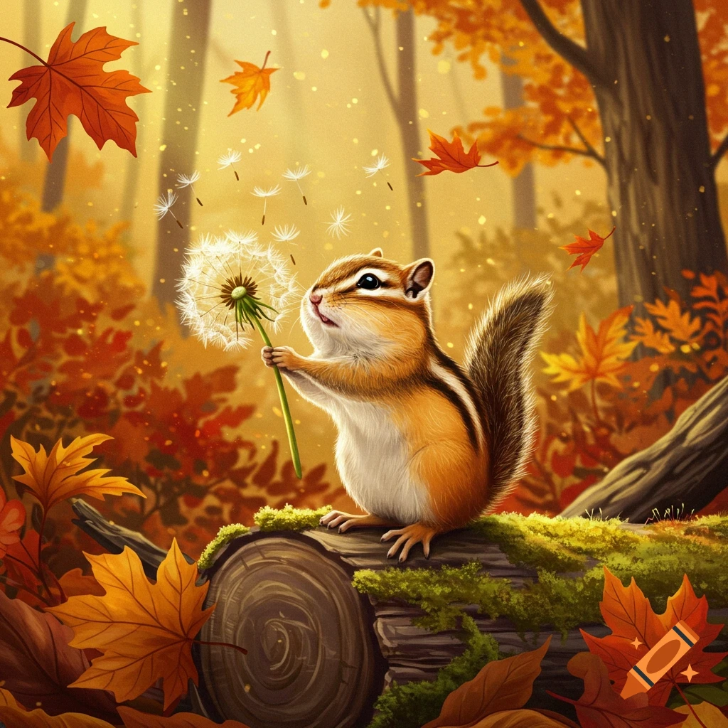 A cute chipmunk sitting on a log, blowing on a dandelion amidst vibrant autumn leaves in a sunlit forest.