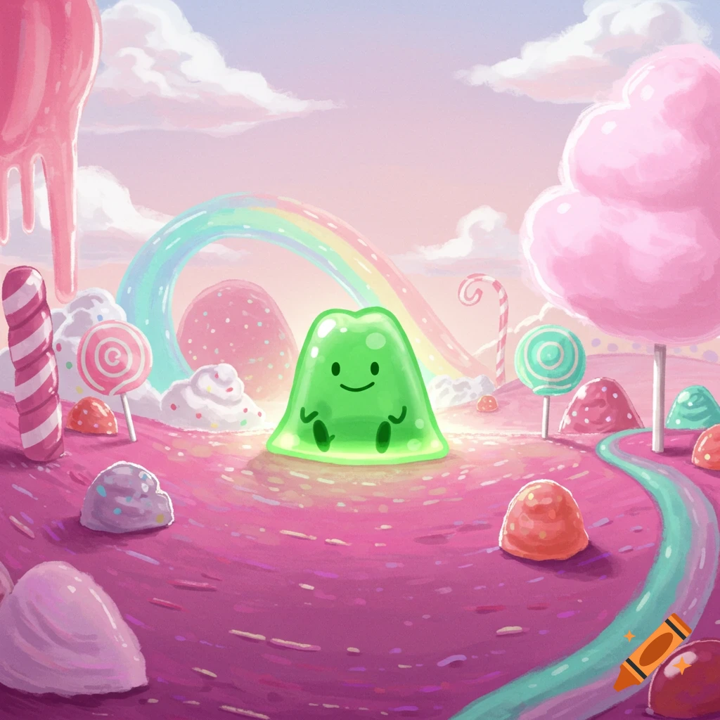 A green blob character with a smiley face in a vibrant candy land with lollipops, cotton candy trees, and a rainbow.