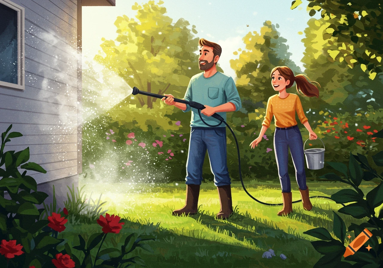 Illustrative image of a man power washing a house while a woman stands nearby with a bucket in a sunny garden.