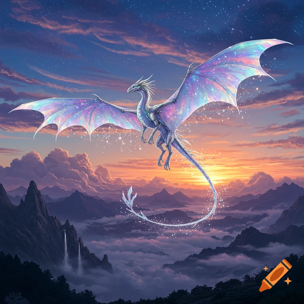 A vibrant iridescent dragon with sparkling wings soars above a serene mountain landscape and clouds at sunset.