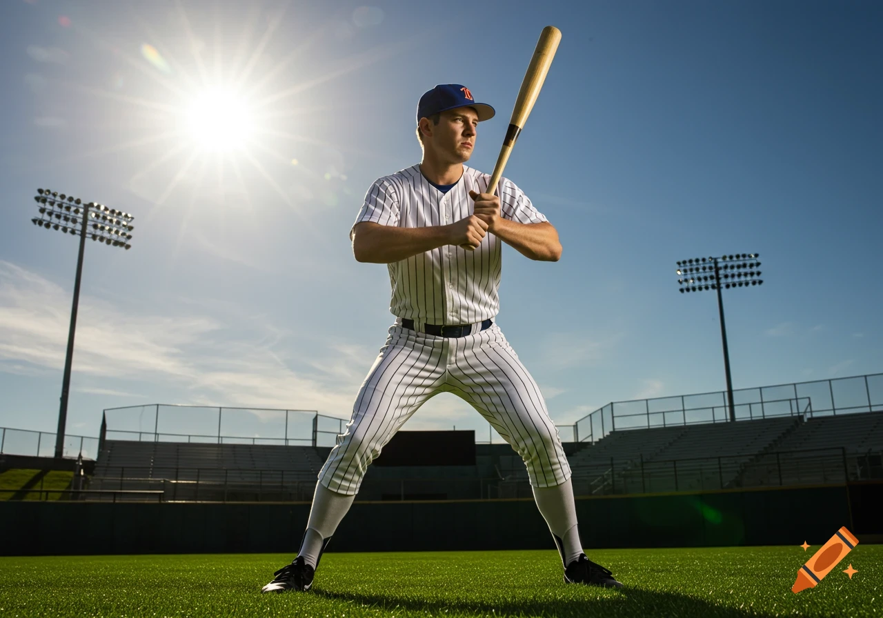 Photorealistic image of a male baseball player in uniform holding a bat on a sunny baseball field.