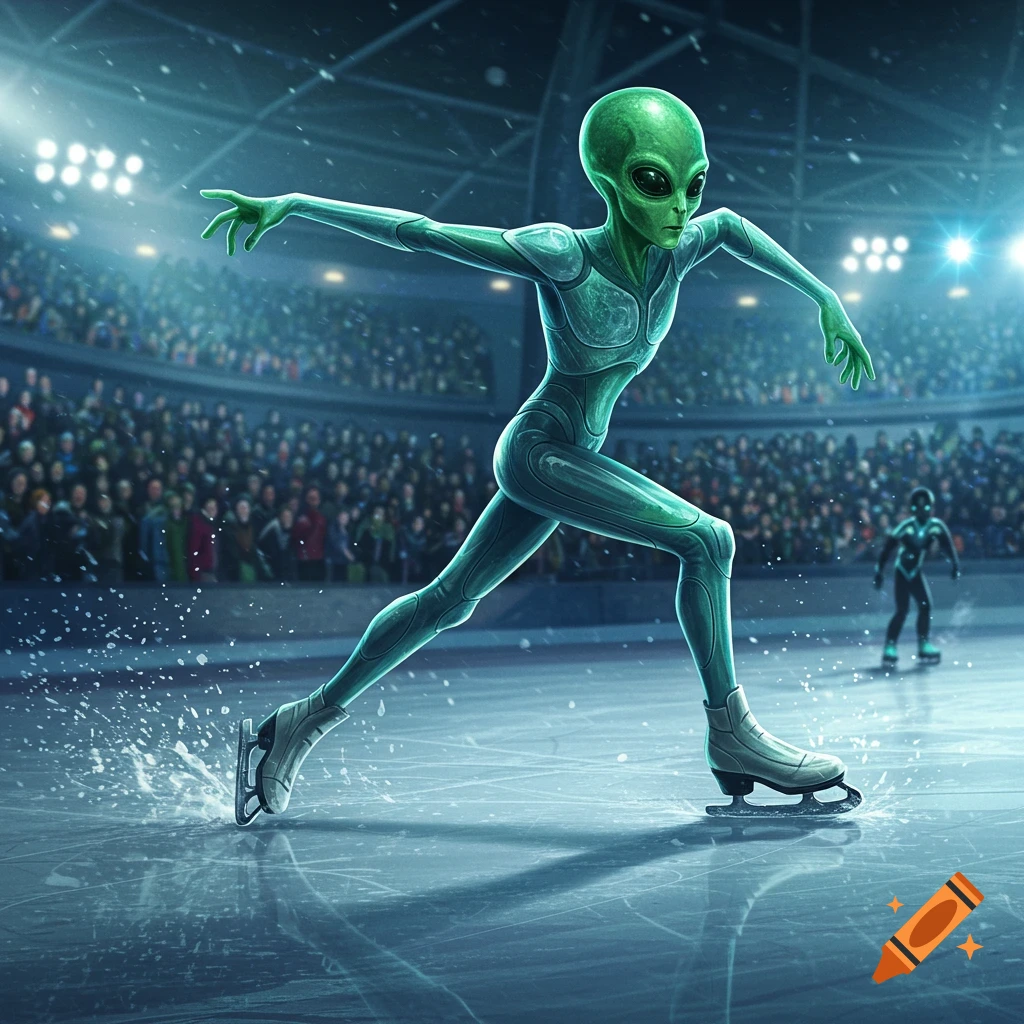 A green alien ice skates across a brightly lit arena with a large crowd in the background, splashing ice.