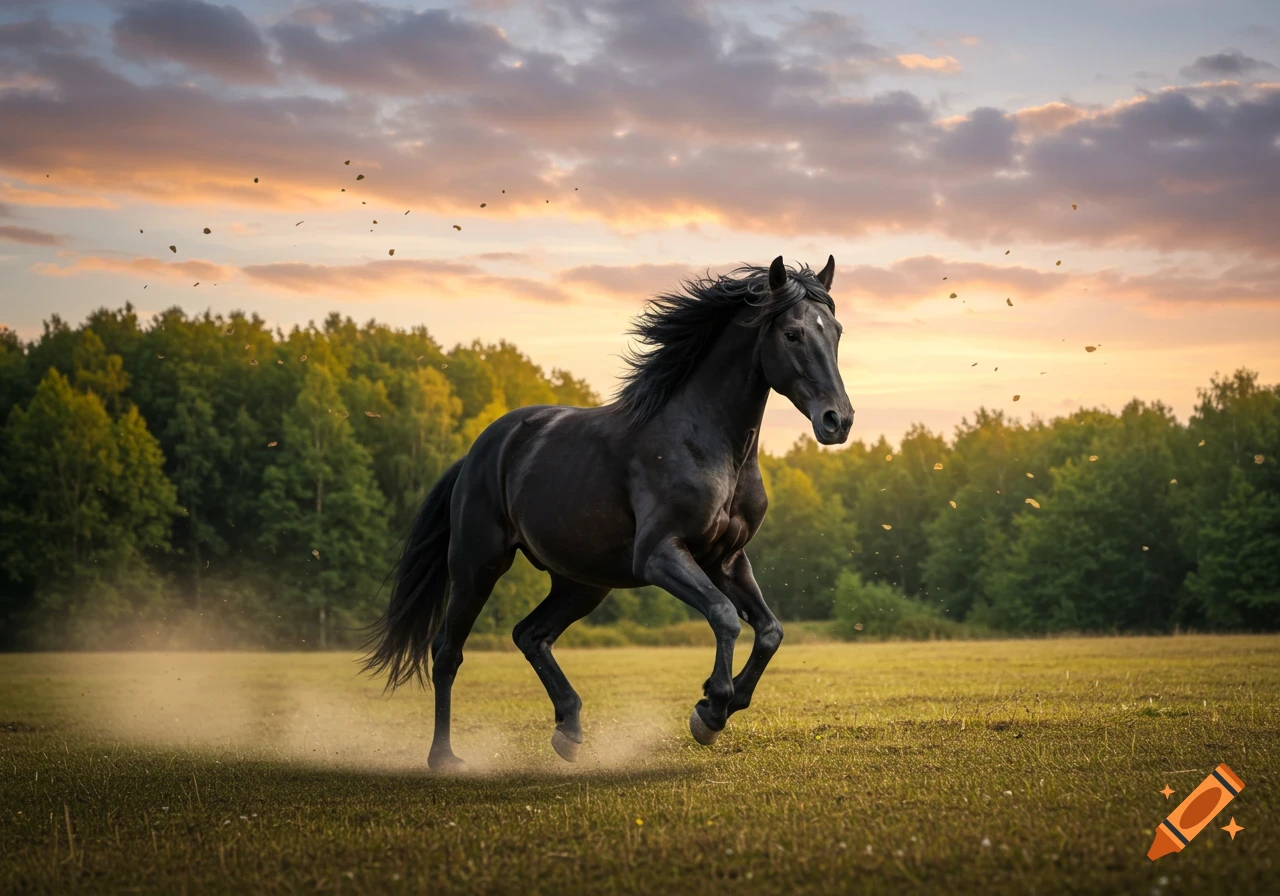 A powerful black horse gallops through a grassy field at sunset, kicking up dust.