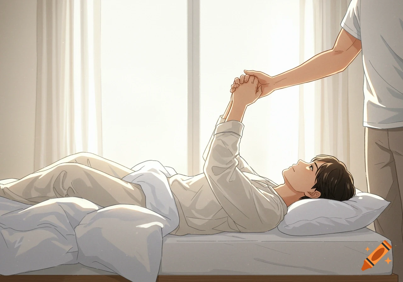 In a realistic cartoon style, one person lies weakly in bed, holding hands with another person standing beside them, offering support. Bright daylight streams from a window.