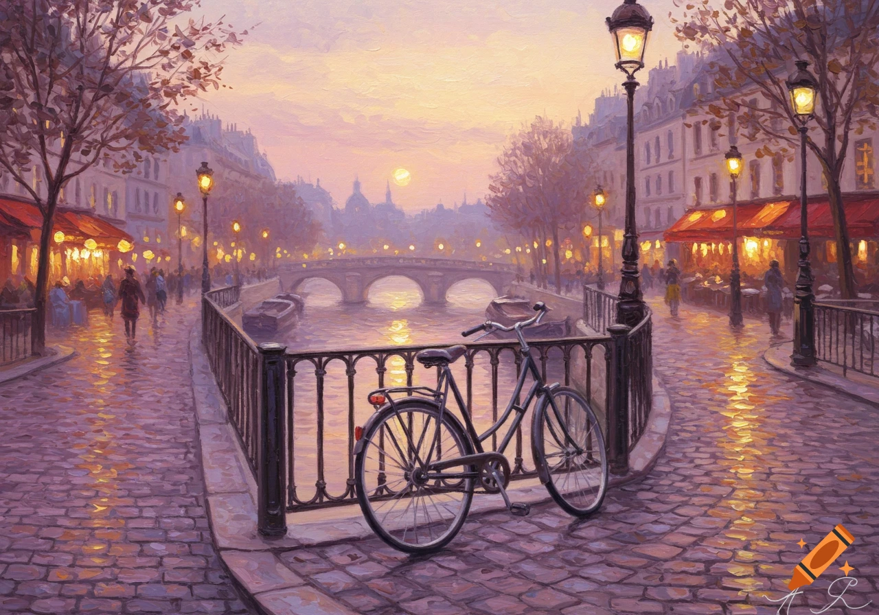 Impressionistic painting of a bicycle on a cobbled street by a canal in Paris at dusk, with glowing streetlights and buildings.