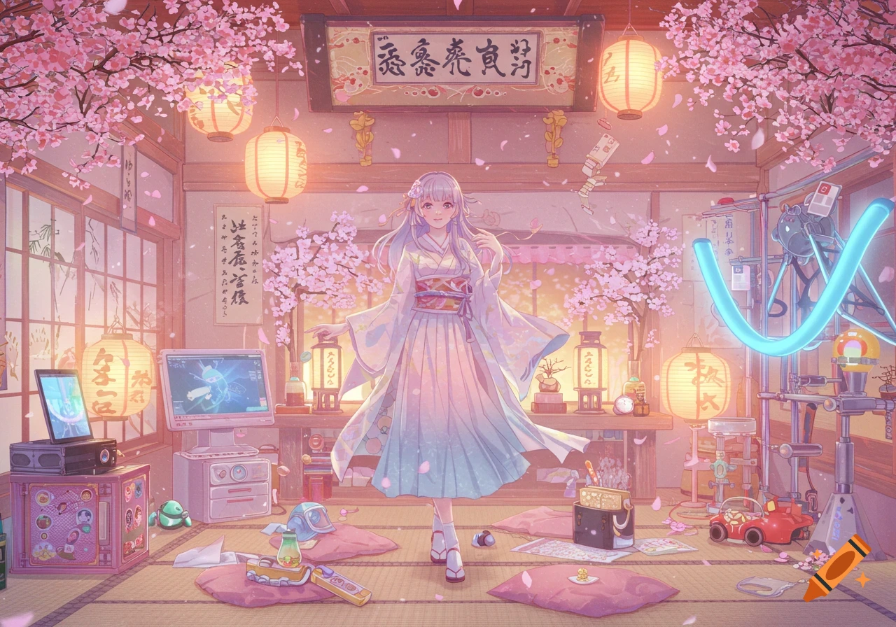 An anime girl in a white and blue kimono stands in a cherry blossom-filled traditional Japanese room with modern tech and glowing elements, in a shoujo style.